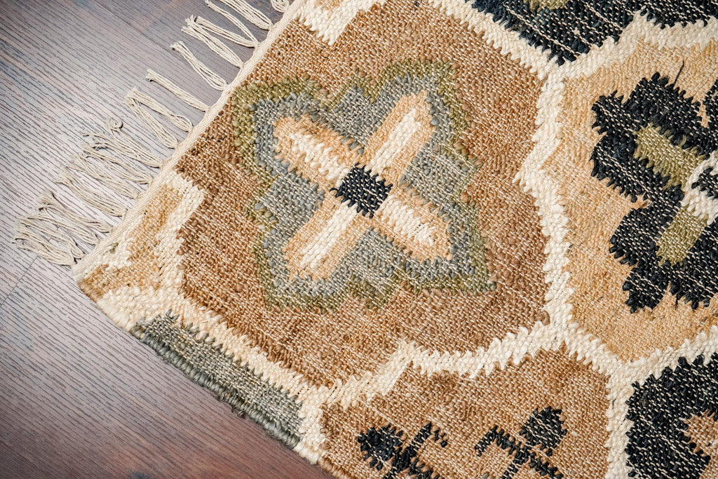 Abstract Floral Trellis patterned Hand woven Boho Style Black Beige Natural Jute Rug, Moroccan Flatweave Kilim rug, customization available