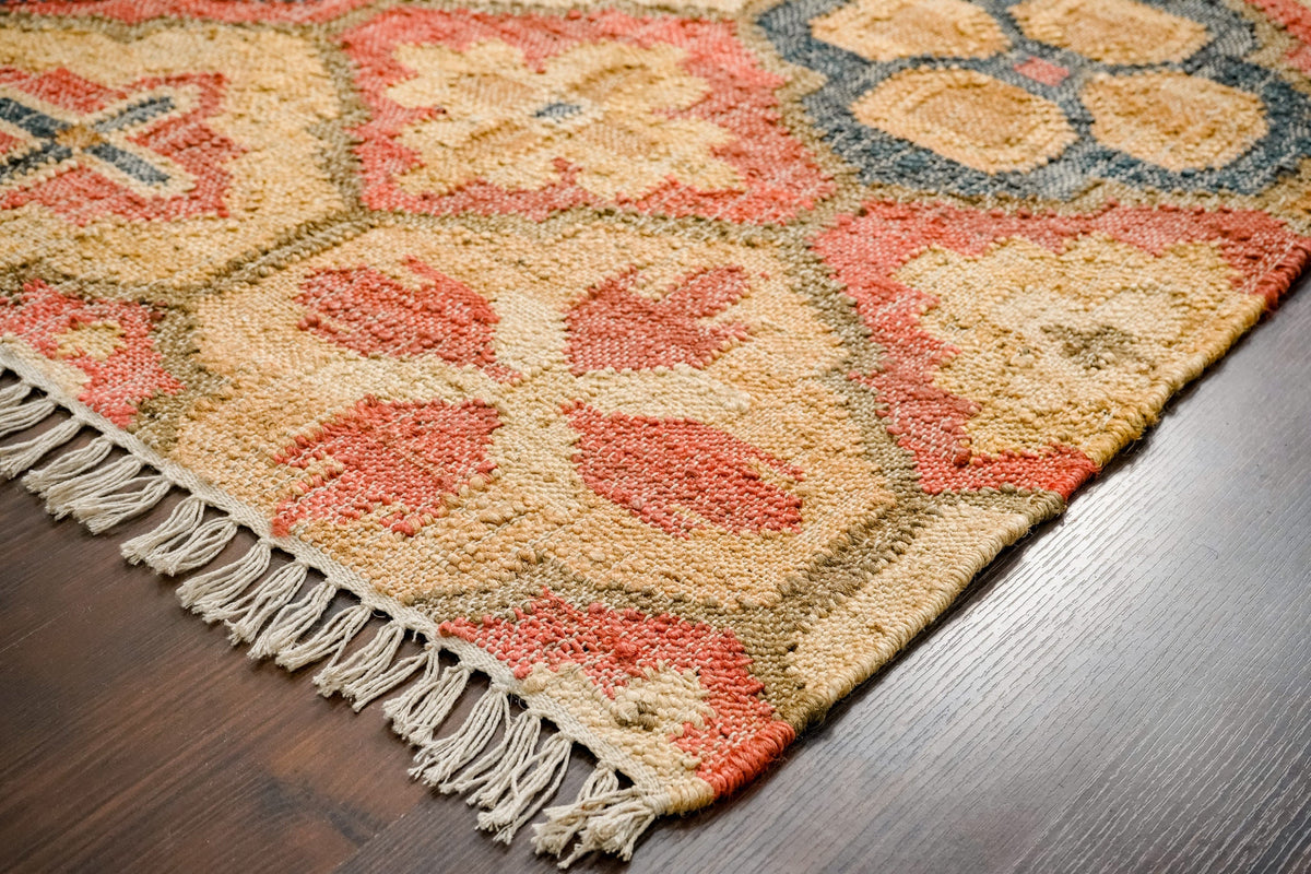 Full-length overhead view of red trellis jute rug