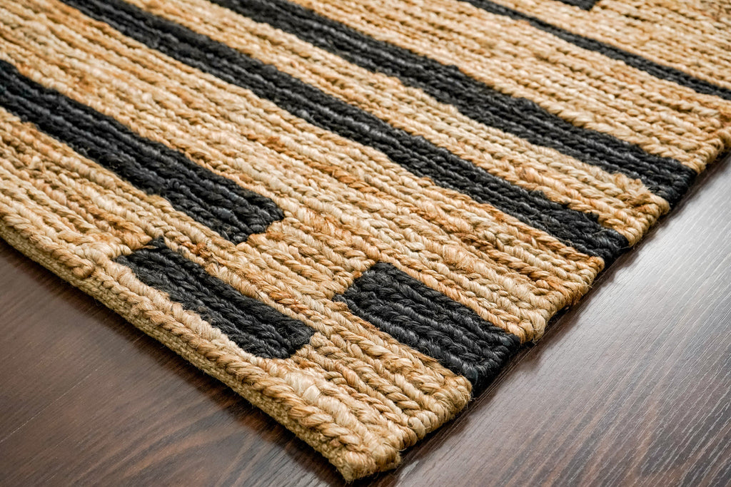 Handwoven Sumak Braided Black Striped Natural Hemp Jute area Rug, Contemporary Boho Modern Decor Carpet, Customization Available