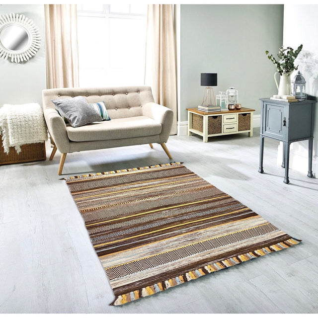 Brown cotton kilim rug flat lay