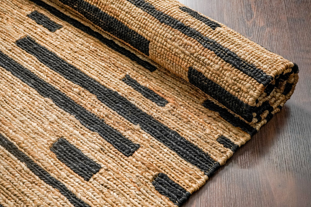Handwoven Sumak Braided Black Striped Natural Hemp Jute area Rug, Contemporary Boho Modern Decor Carpet, Customization Available
