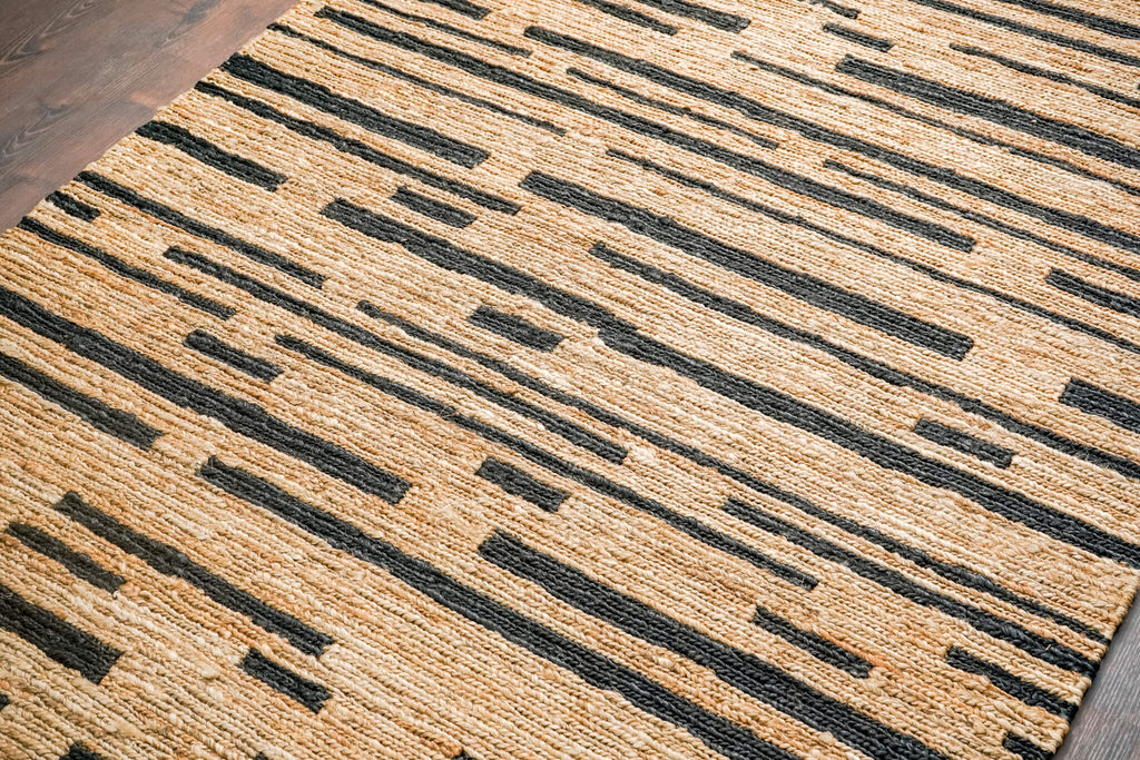 Handwoven Sumak Braided Black Striped Natural Hemp Jute area Rug, Contemporary Boho Modern Decor Carpet, Customization Available