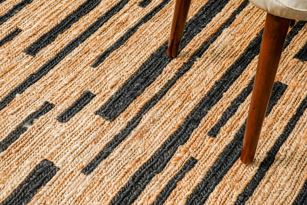 Handwoven Sumak Braided Black Striped Natural Hemp Jute area Rug, Contemporary Boho Modern Decor Carpet, Customization Available