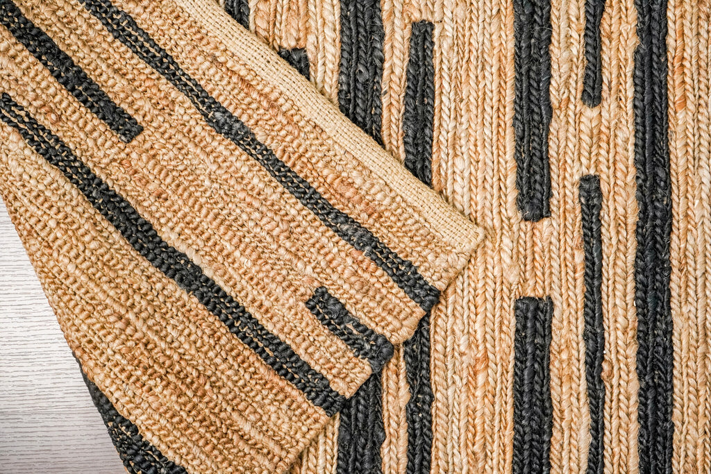 Handwoven Sumak Braided Black Striped Natural Hemp Jute area Rug, Contemporary Boho Modern Decor Carpet, Customization Available