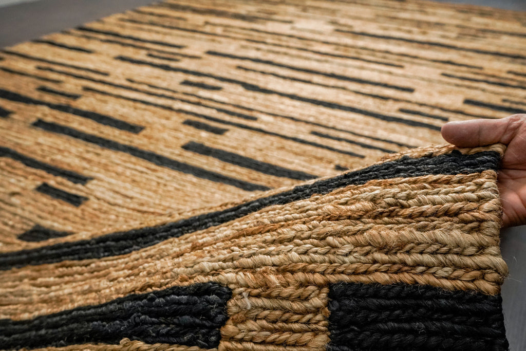 Handwoven Sumak Braided Black Striped Natural Hemp Jute area Rug, Contemporary Boho Modern Decor Carpet, Customization Available