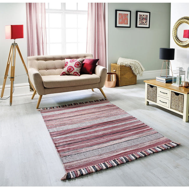 Pink multi striped cotton dhurrie rug flat view