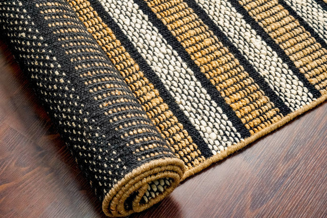 Striped jute rug styled in a living room