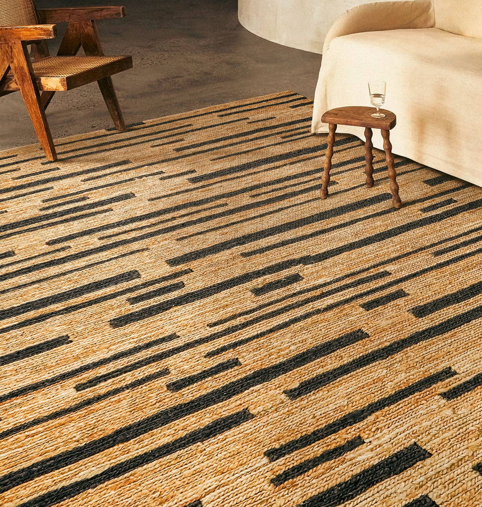 Handwoven Sumak Braided Black Striped Natural Hemp Jute area Rug, Contemporary Boho Modern Decor Carpet, Customization Available