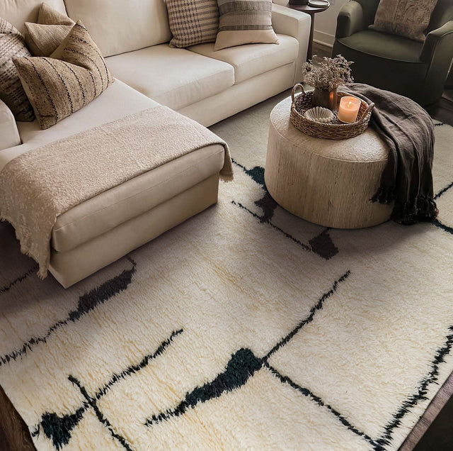 Hand knotted ivory wool rug styled in a modern living room