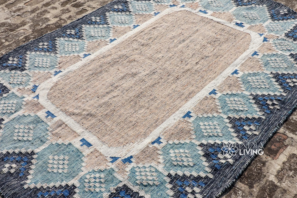 Blue Moroccan Kilim Oval Rug - Bohemian inspired Sustainable Tribal Abstract indoor outdoor Decor oval rug, Eco-friendly