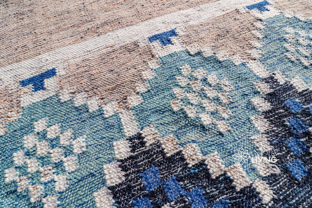 Blue Moroccan Kilim Oval Rug - Bohemian inspired Sustainable Tribal Abstract indoor outdoor Decor oval rug, Eco-friendly