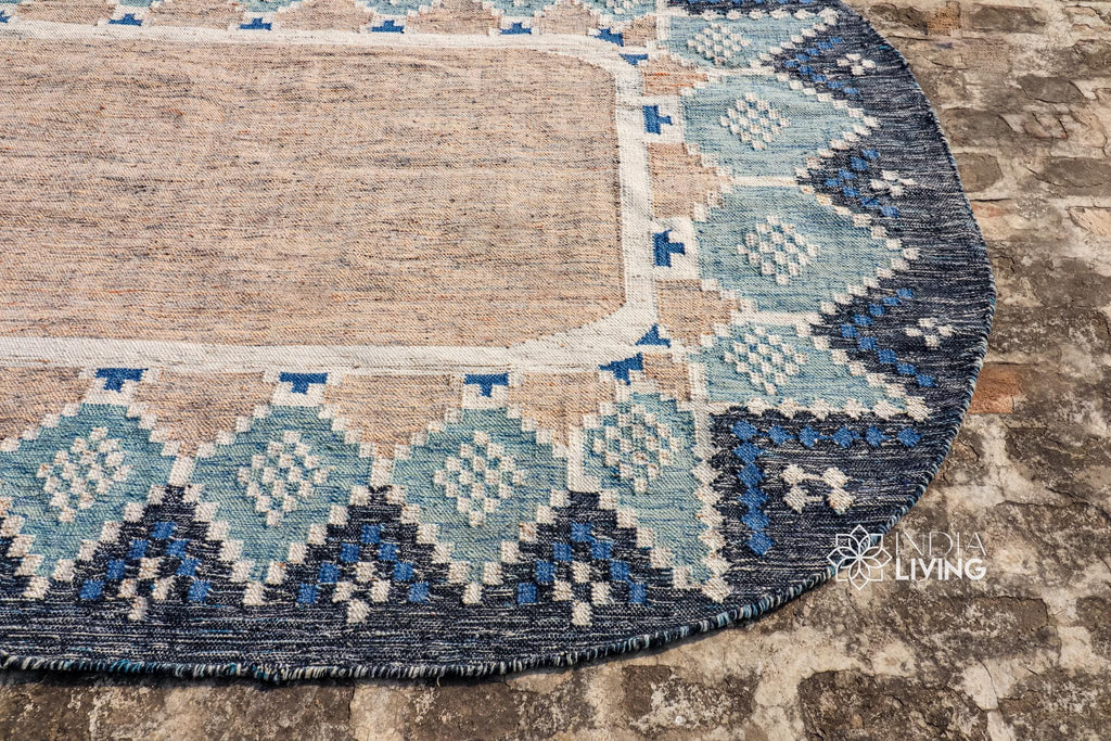 Blue Moroccan Kilim Oval Rug - Bohemian inspired Sustainable Tribal Abstract indoor outdoor Decor oval rug, Eco-friendly