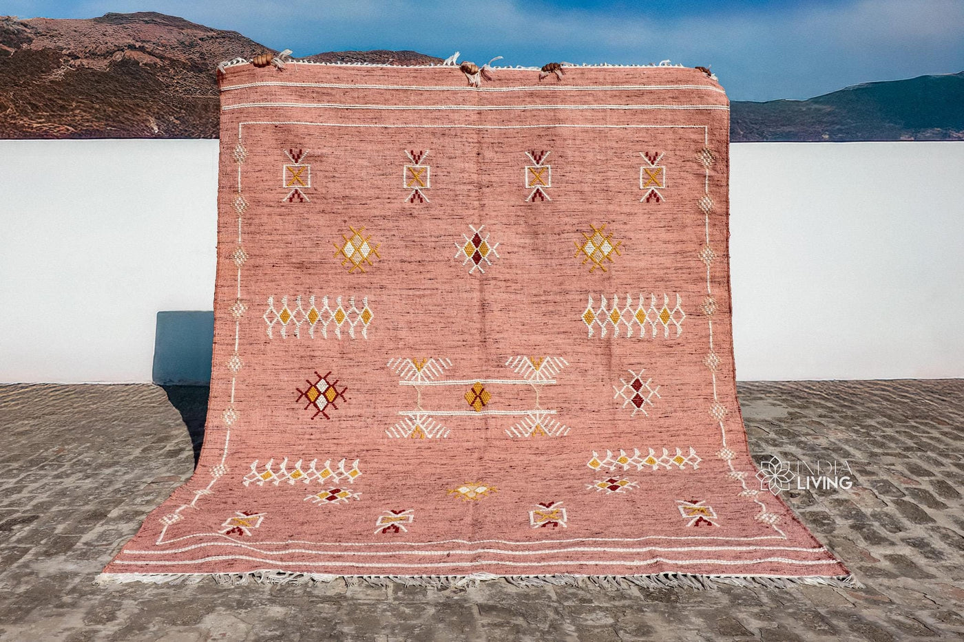 Pink tribal kilim rug, full flat view