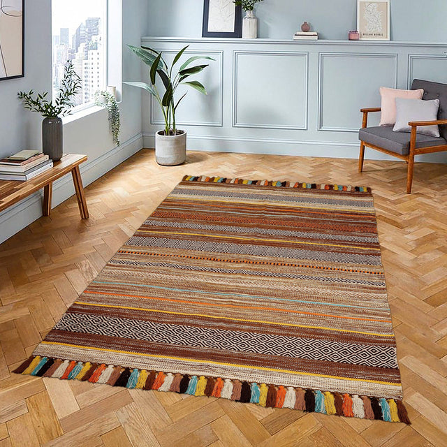 Cotton chenille kilim rug styled in a living room