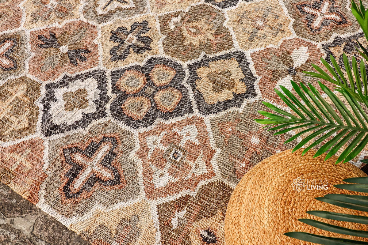 Black beige jute rug styled in a living room