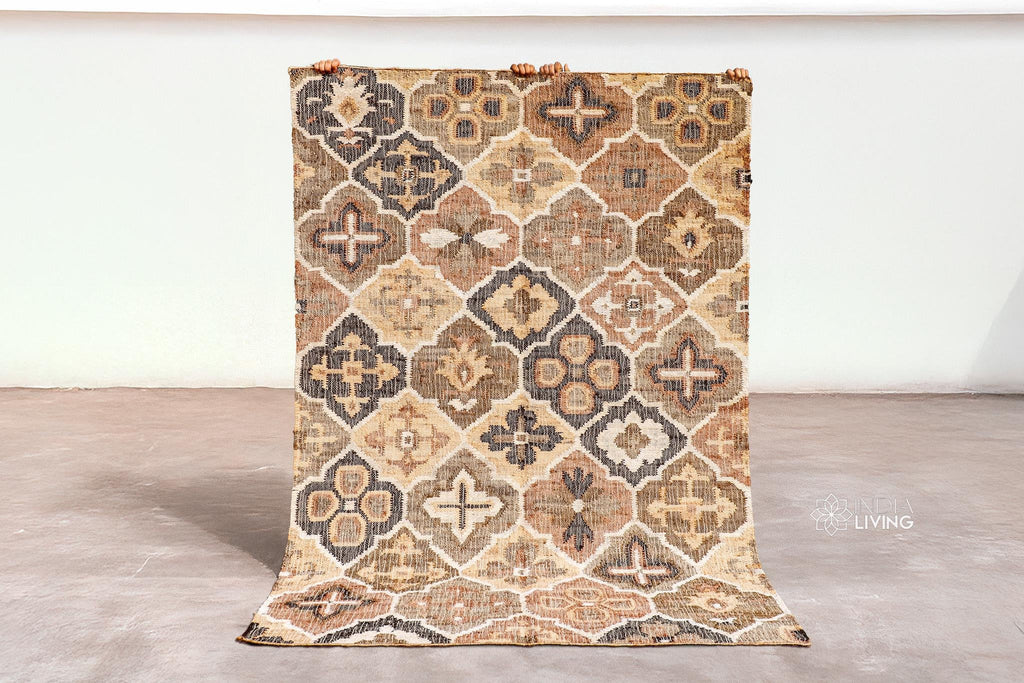 Abstract Floral Trellis patterned Hand woven Boho Style Black Beige Natural Jute Rug, Moroccan Flatweave Kilim rug, customization available