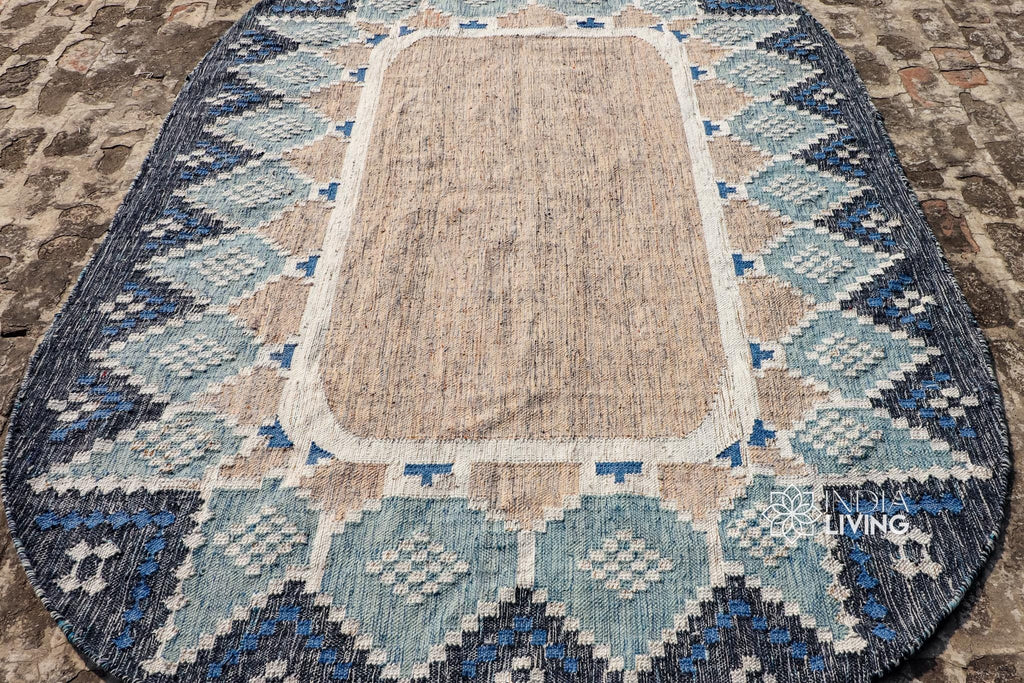 Blue Moroccan Kilim Oval Rug - Bohemian inspired Sustainable Tribal Abstract indoor outdoor Decor oval rug, Eco-friendly