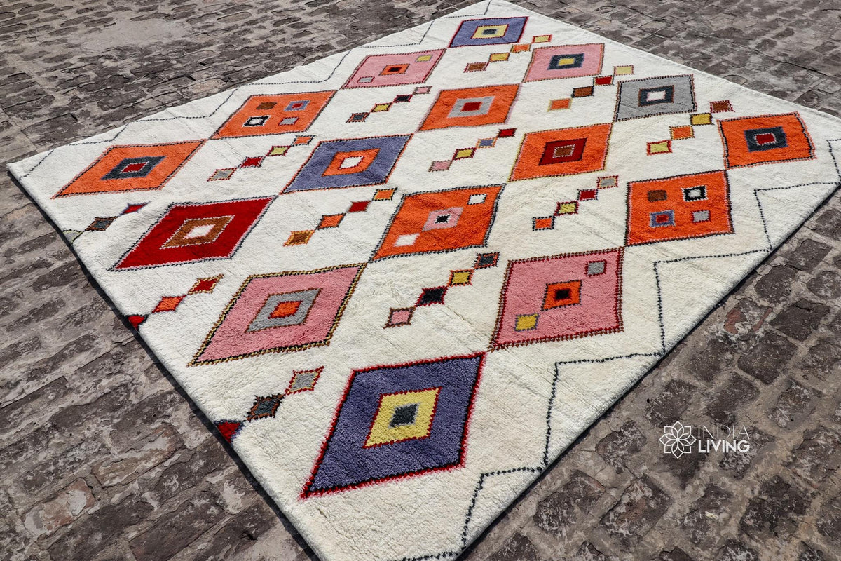 Close-up of hand-knotted texture on colourful rug