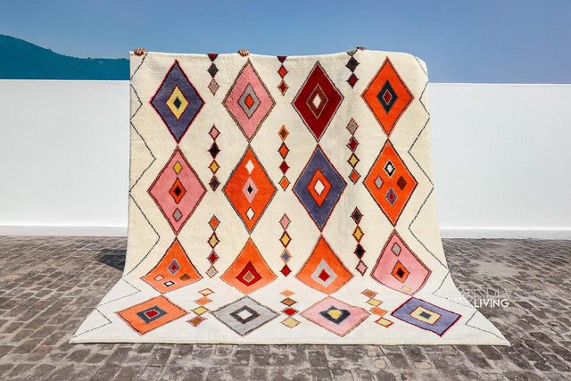 Colourful Moroccan Berber wool rug, flat lay view
