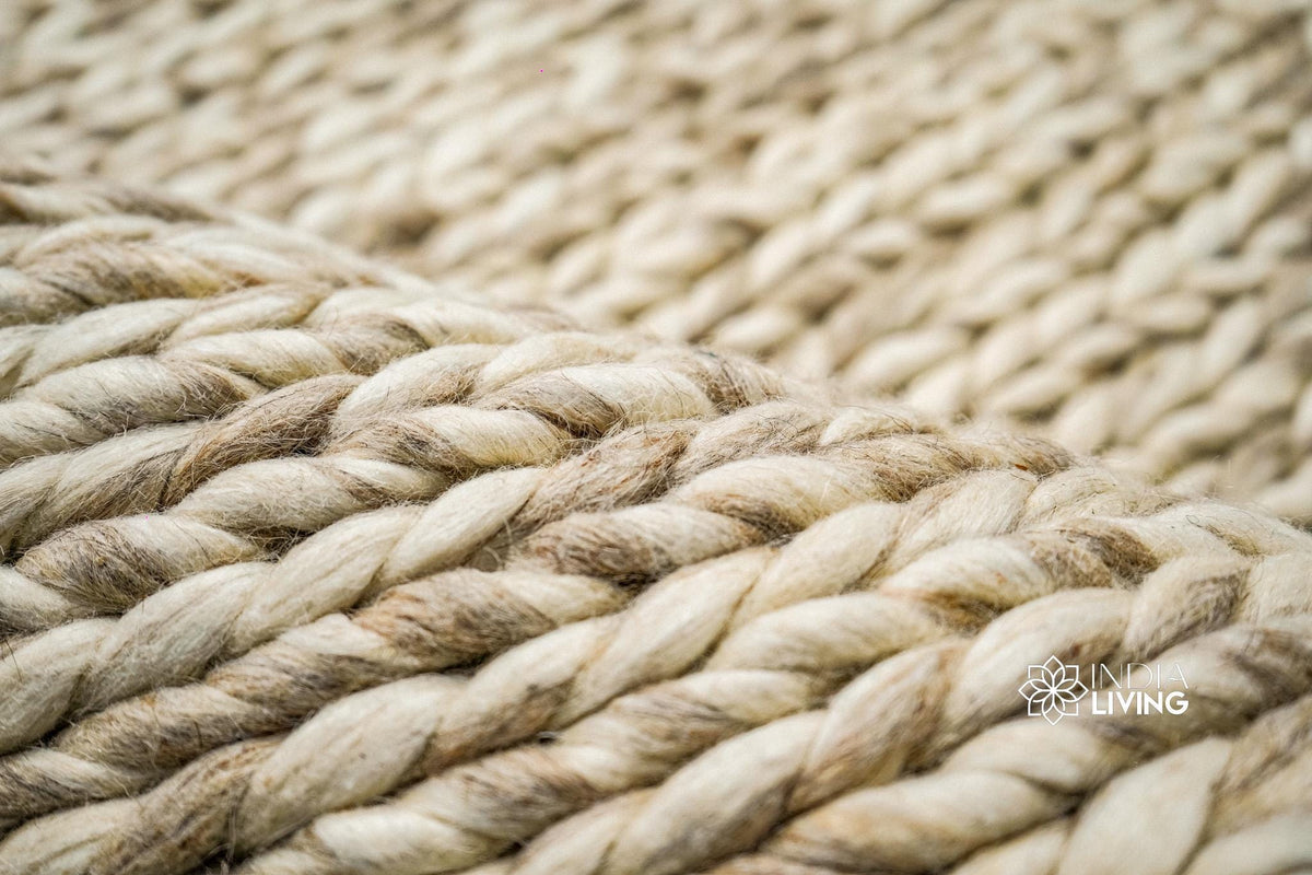 Close-up of the beige braided wool texture