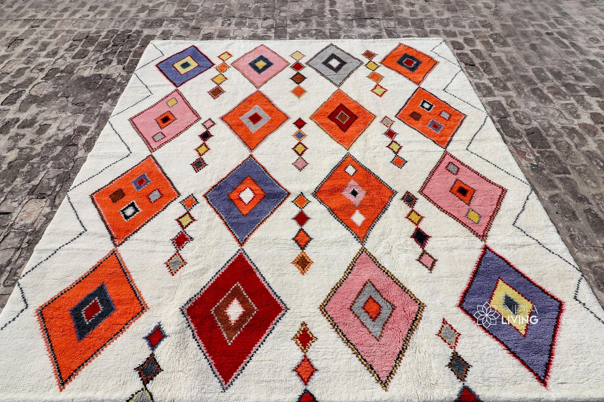 Colourful Berber rug styled in a bohemian living room