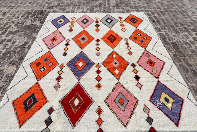 Colourful Berber rug styled in a bohemian living room