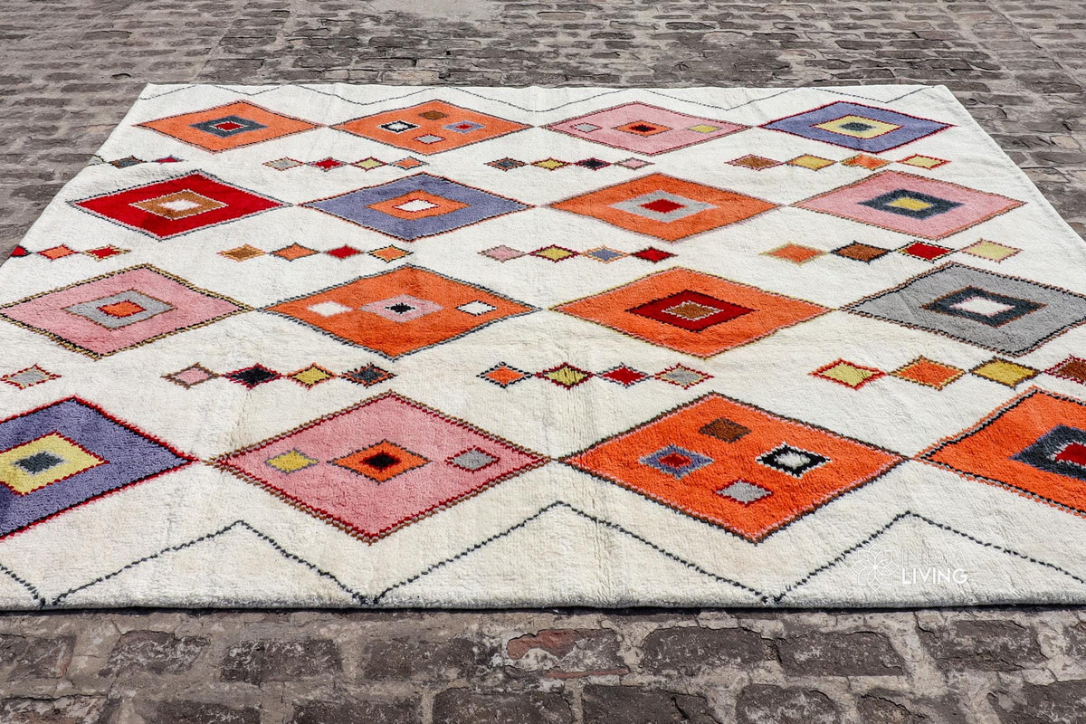 Colourful wool rug under a coffee table