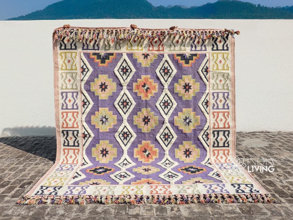 Close-up of purple wool kilim weave texture