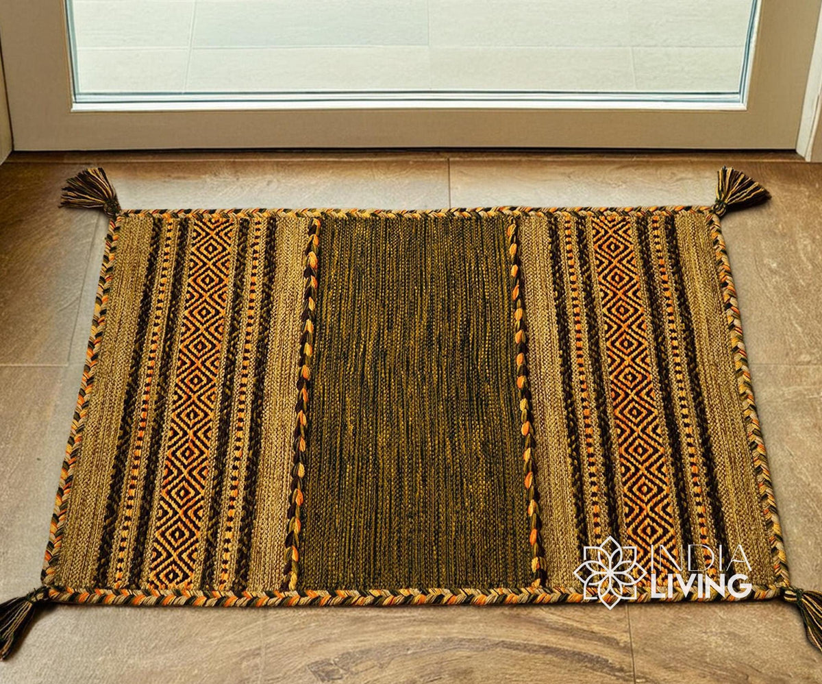 Green kilim rug pile close-up texture
