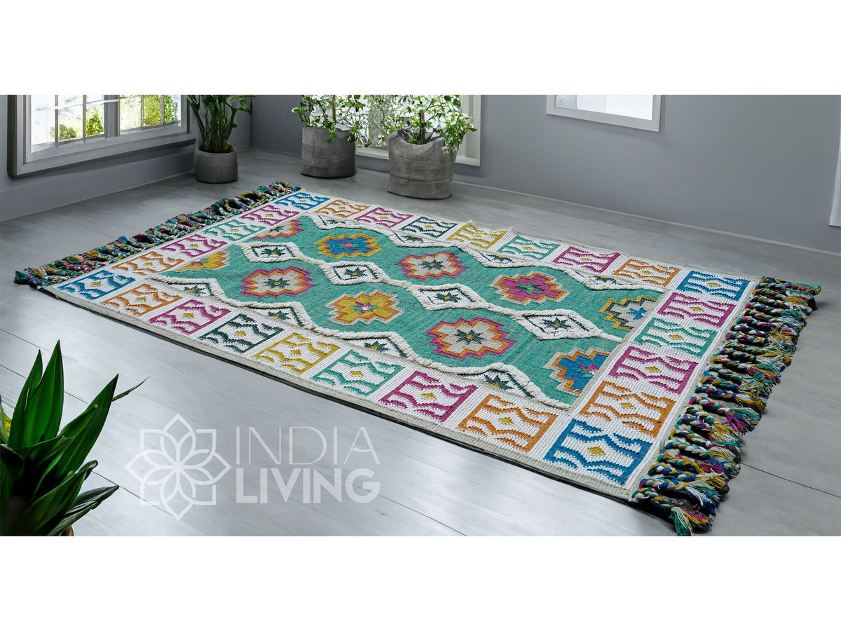 Green kilim rug styled in a living room