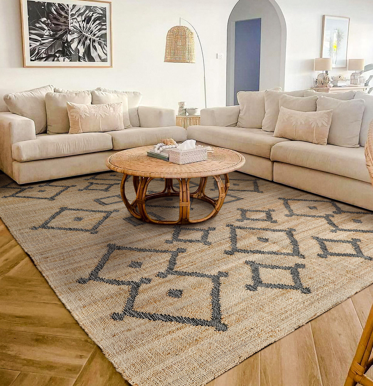 Tribal jute area rug full room lifestyle view