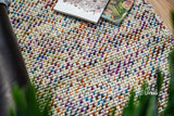 Rainbow wool rug styled in a living room setting