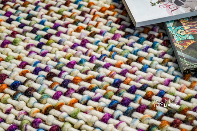 Rainbow basket knit chunky wool rug flat view