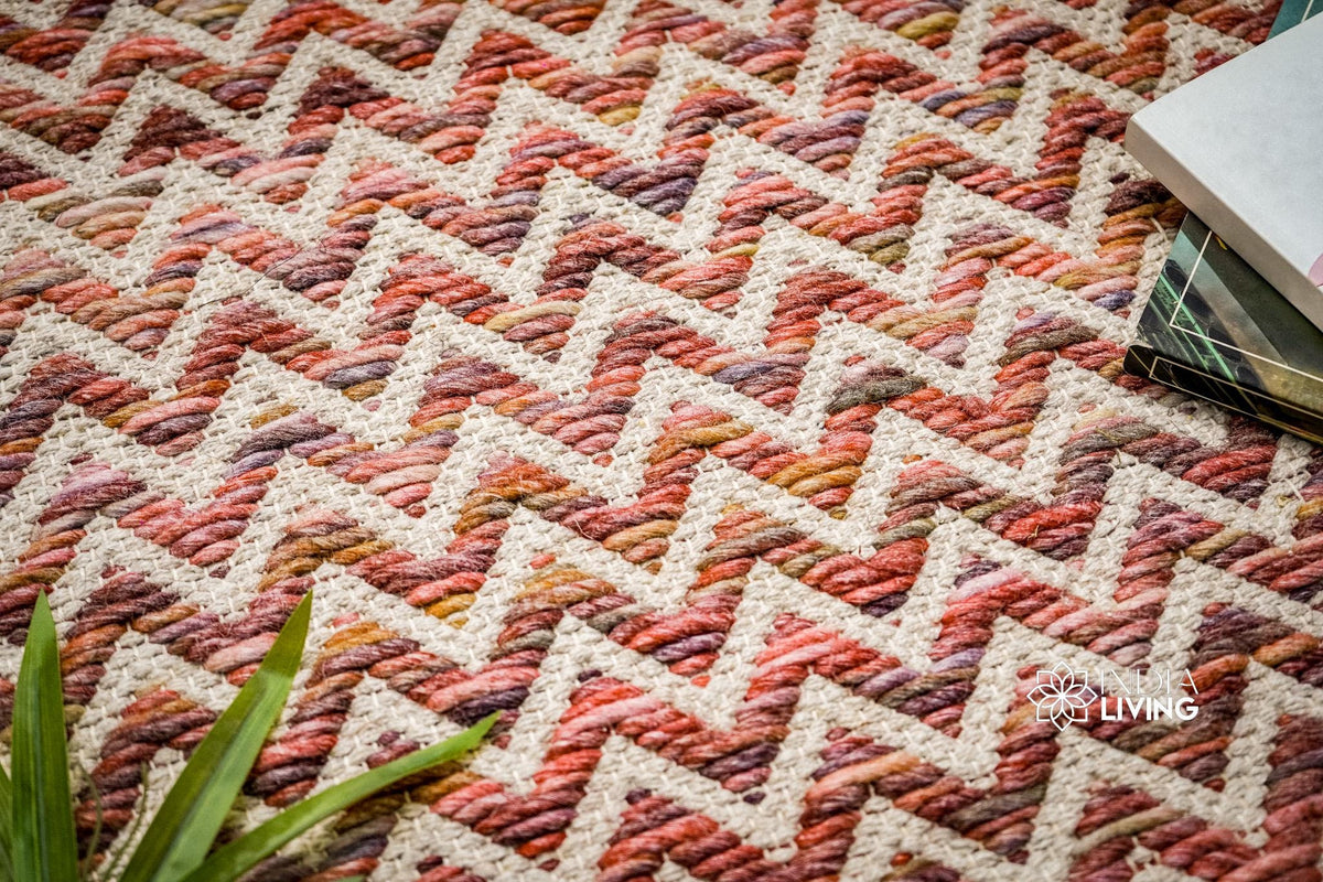 Multicolor abstract wool rug laid flat showing zig zag pattern