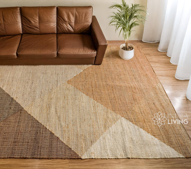 Earthy abstract natural jute rug, flat lay view