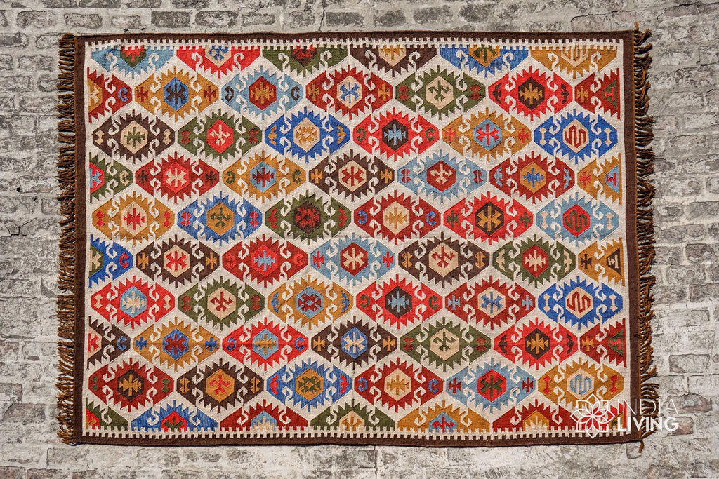 Handwoven Aztec Kilim Rug: Multicolored Southwest Patio Decor