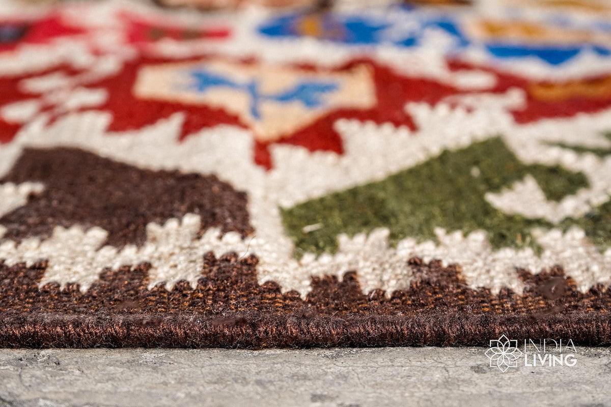 Kilim rug shown at full size on outdoor decking