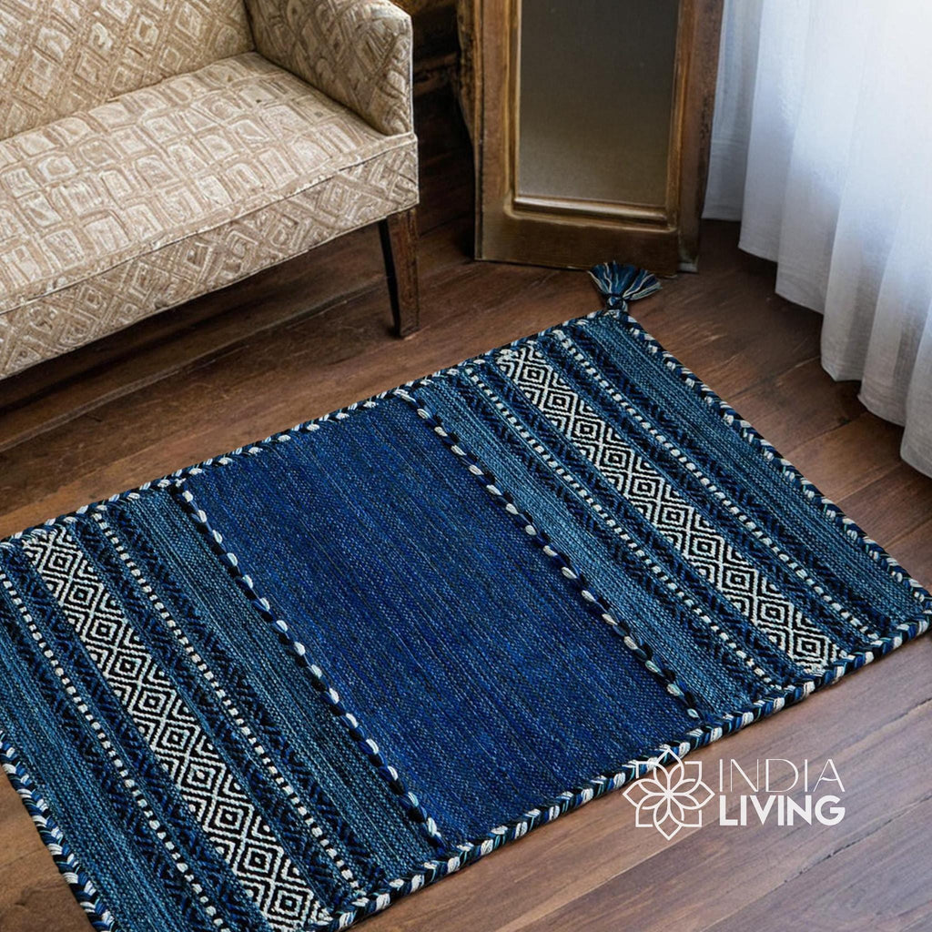 Blue Kilim Rug, Moroccan Inspired Ethnic Decor Bohemian Indian Handmade Flat weave carpet