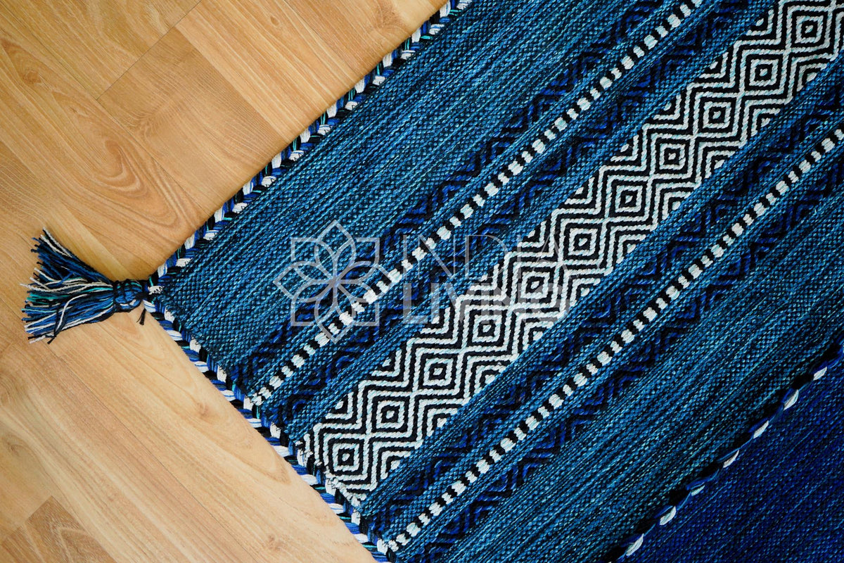 Woven detail of blue chenille rug edge