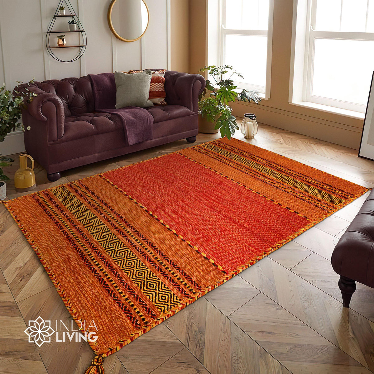 Orange kilim rug shown at an alternate angle