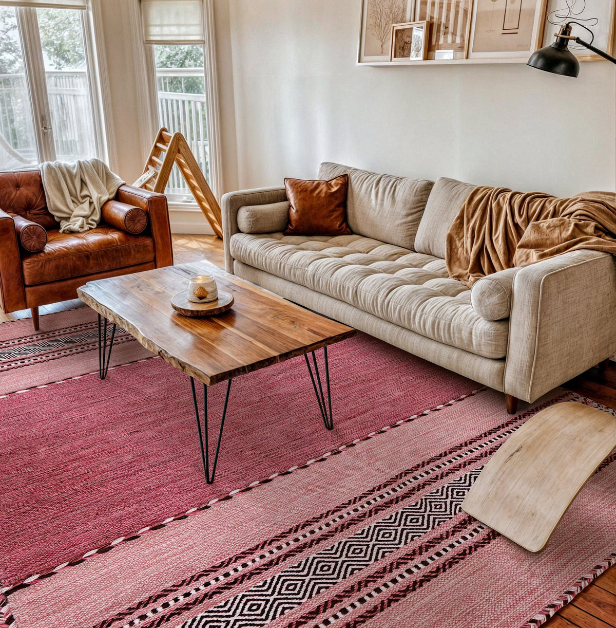 Pink kilim rug styled in a living room
