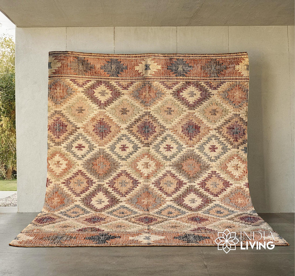 Multi Tribal Aztec style Natural Boho Flat woven colourful Jute Kilim rug, Moroccan decor, custom made in all sizes