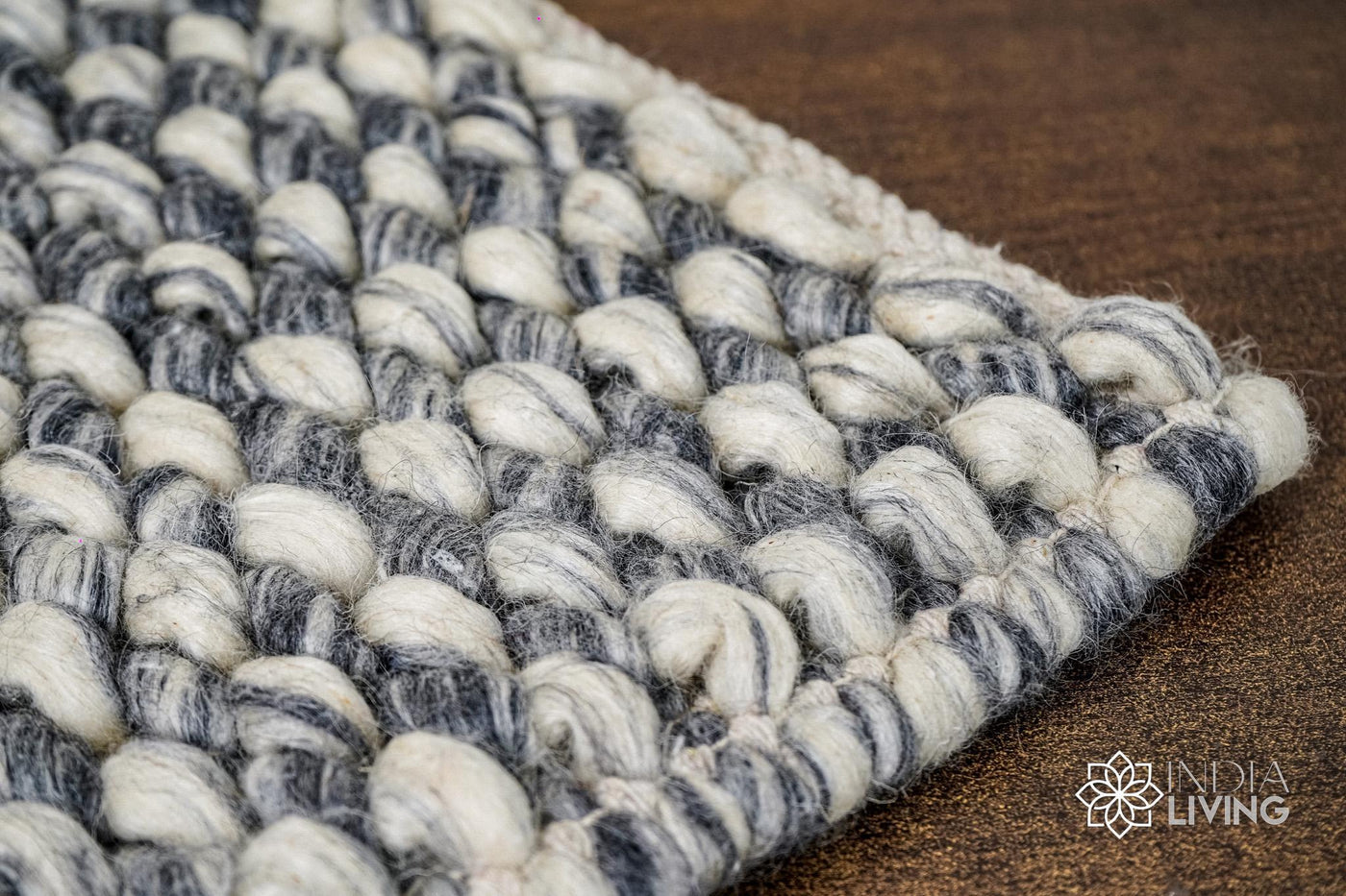 Multi grey cashew weave chunky loop wool rug, flat lay view