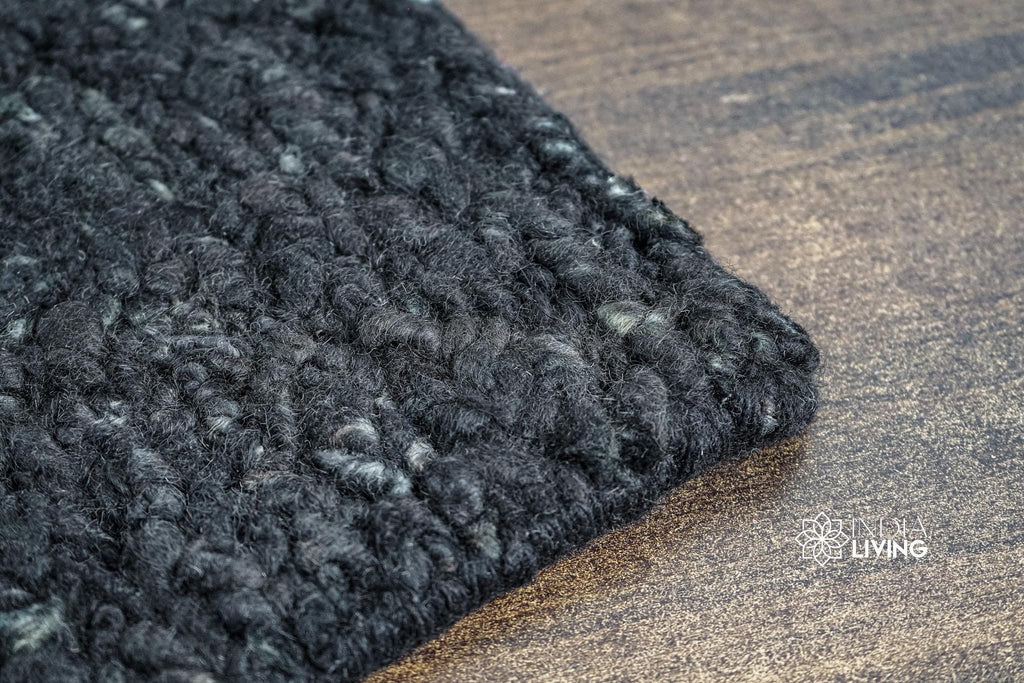Handwoven Solid Black Textured Wool Rug , Scandinavian decor, Custom made