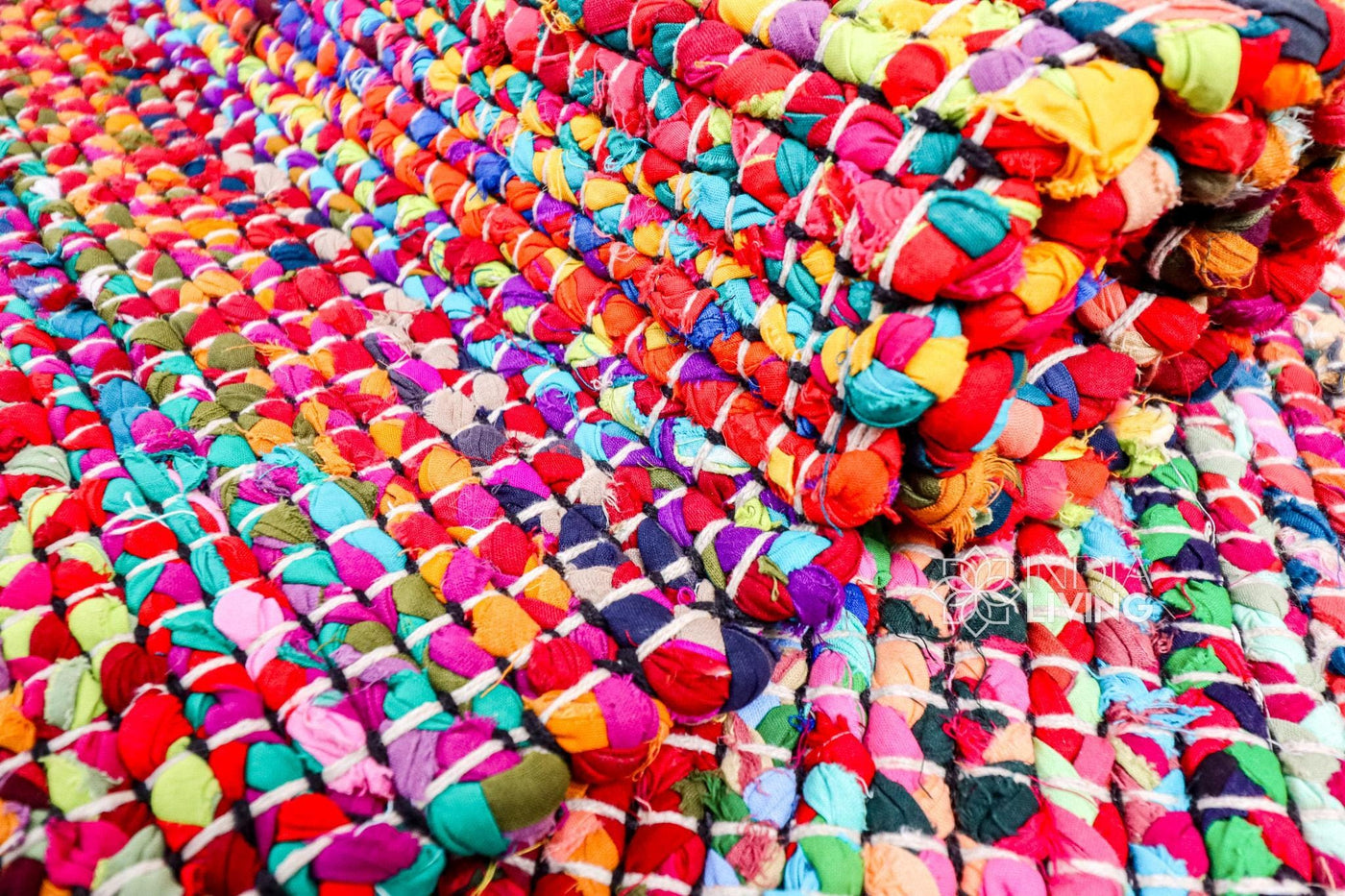 Rainbow chindi rag rug, flat lay view