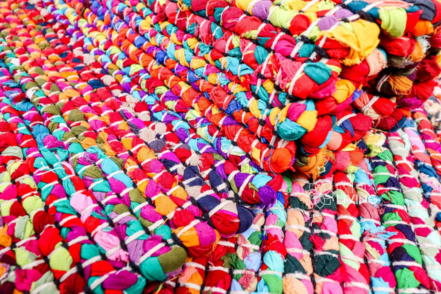 Rainbow chindi rag rug, flat lay view