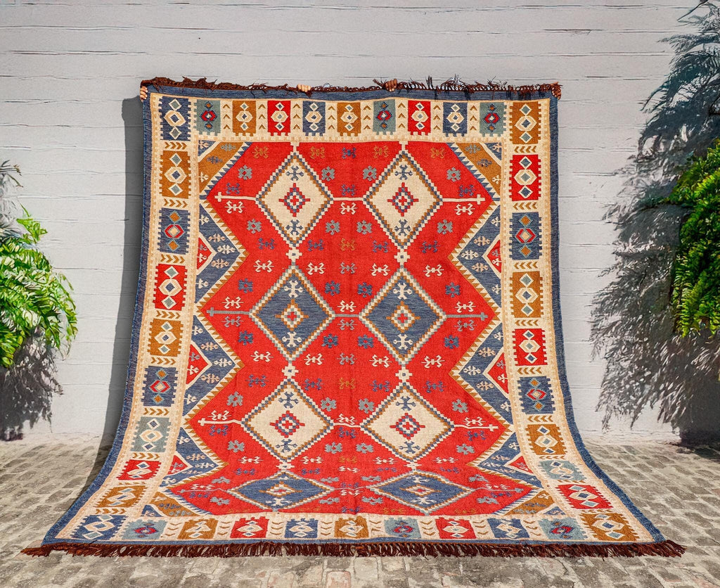 Hand woven Navajo inspired southwestern decor aztec kilim rug, Sustainable indoor & outdoor Porch decor rug, Customization available