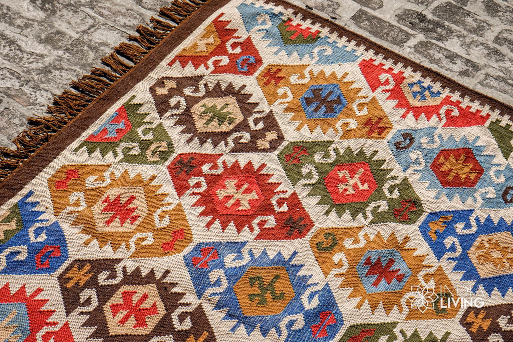 Handwoven Aztec Kilim Rug: Multicolored Southwest Patio Decor