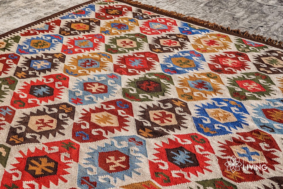 Kilim rug corner detail showing flatweave texture