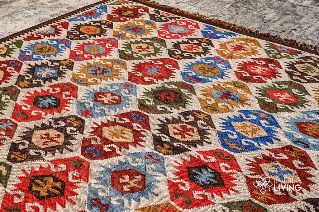 Handwoven Aztec Kilim Rug: Multicolored Southwest Patio Decor